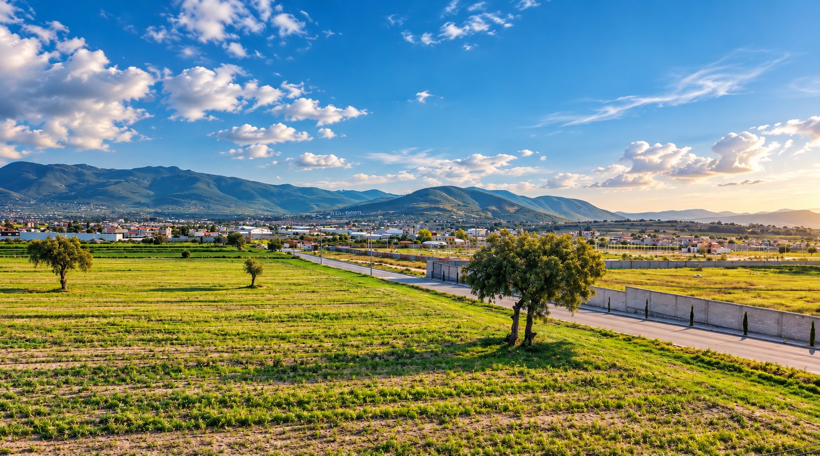 Campos de cultivo y una carretera hacia un pueblo, con montañas bajo un cielo azul al atardecer