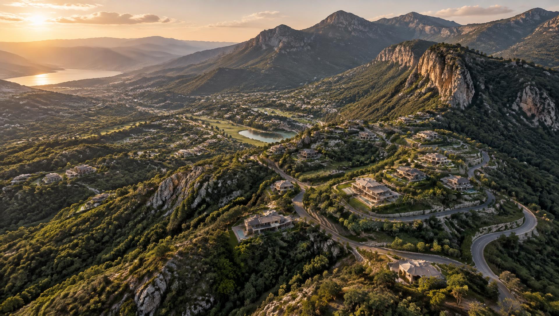 Vista aérea de desarrollos residenciales en un valle montañoso